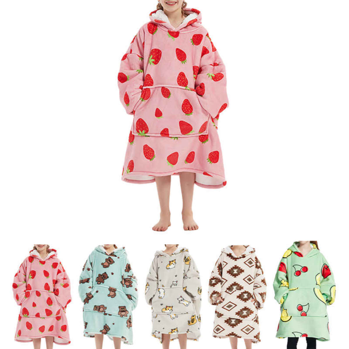 A pink flannel blanket hoodie with strawberry prints. Also available in mint, red, white, and brown patterns.
