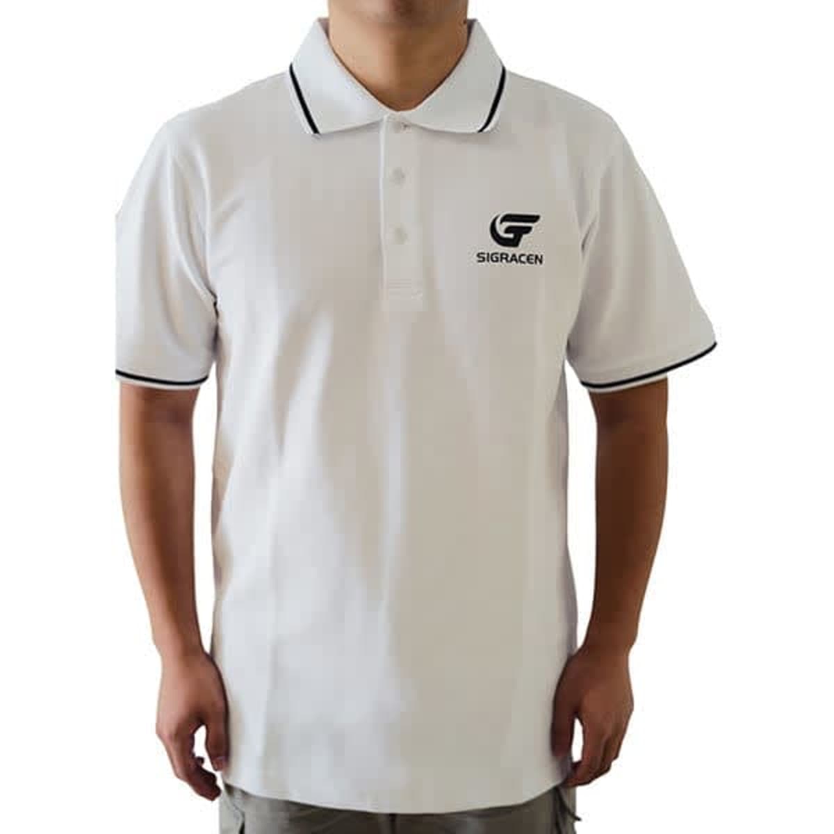 A white polyester cotton blend polo shirt with a logo, featuring black collar and sleeve trims.