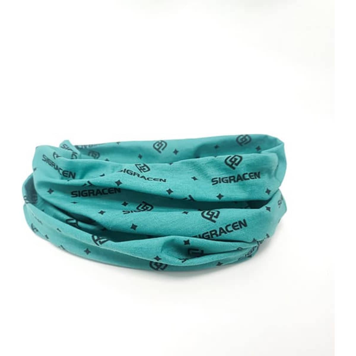 A turquoise multifunctional bandana featuring a logo and repeating pattern. Ideal for various headwear styles.
