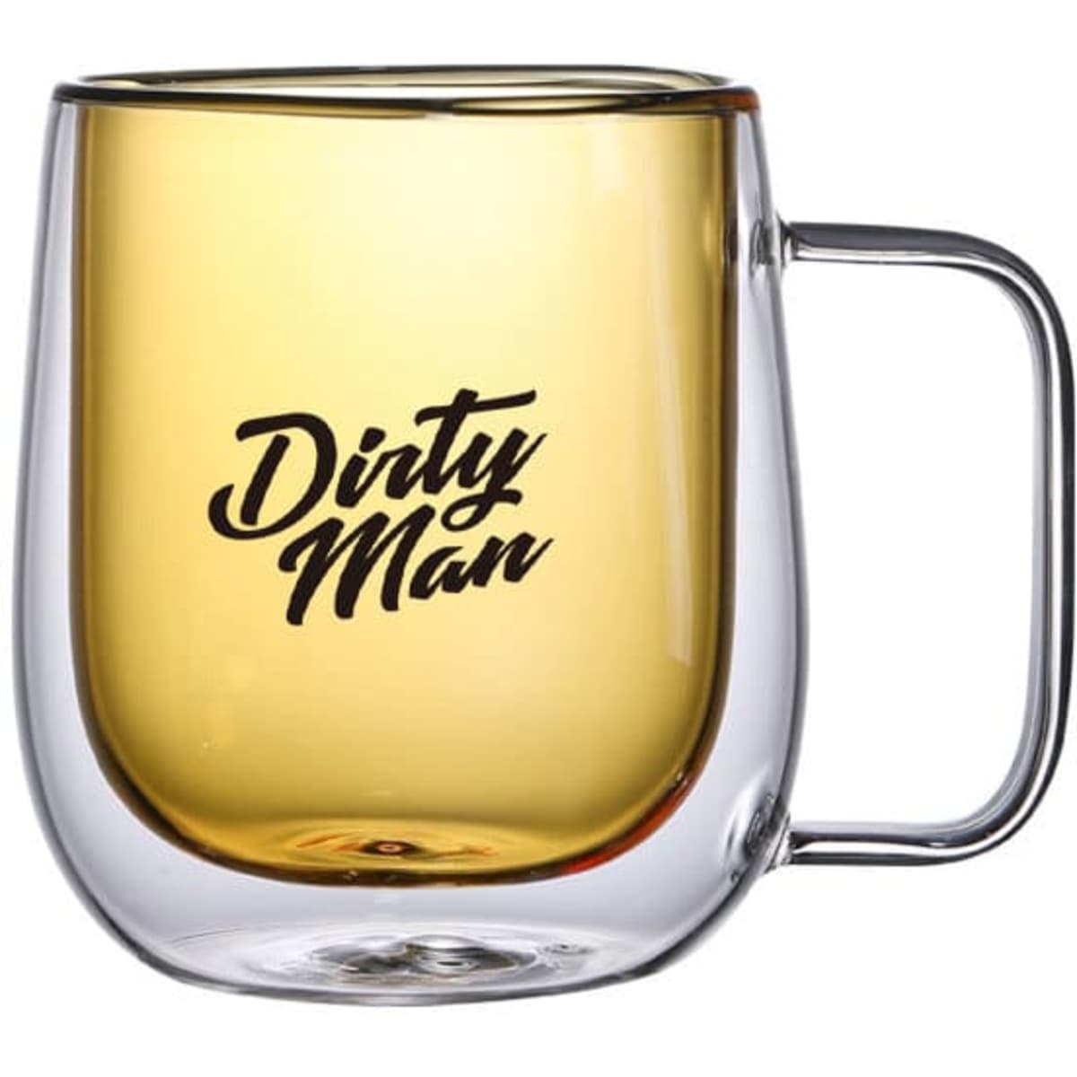 A double layer clear coffee mug with a handle, featuring a gold interior and a colourful design.