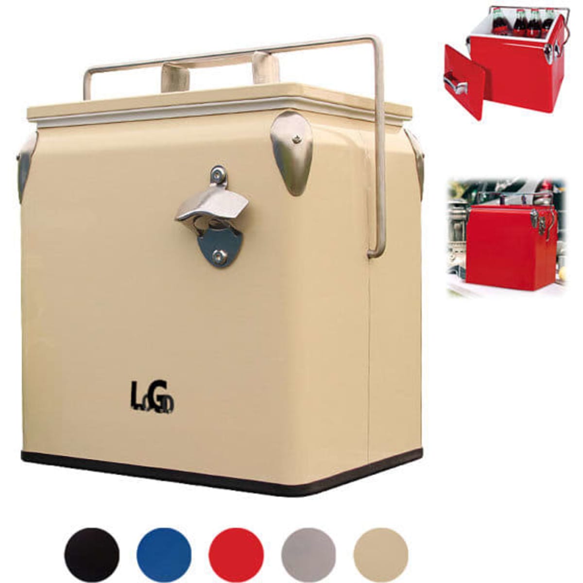 A retro-style ice chest cooler in cream with metal accents, featuring a bottle opener and a branding logo.
