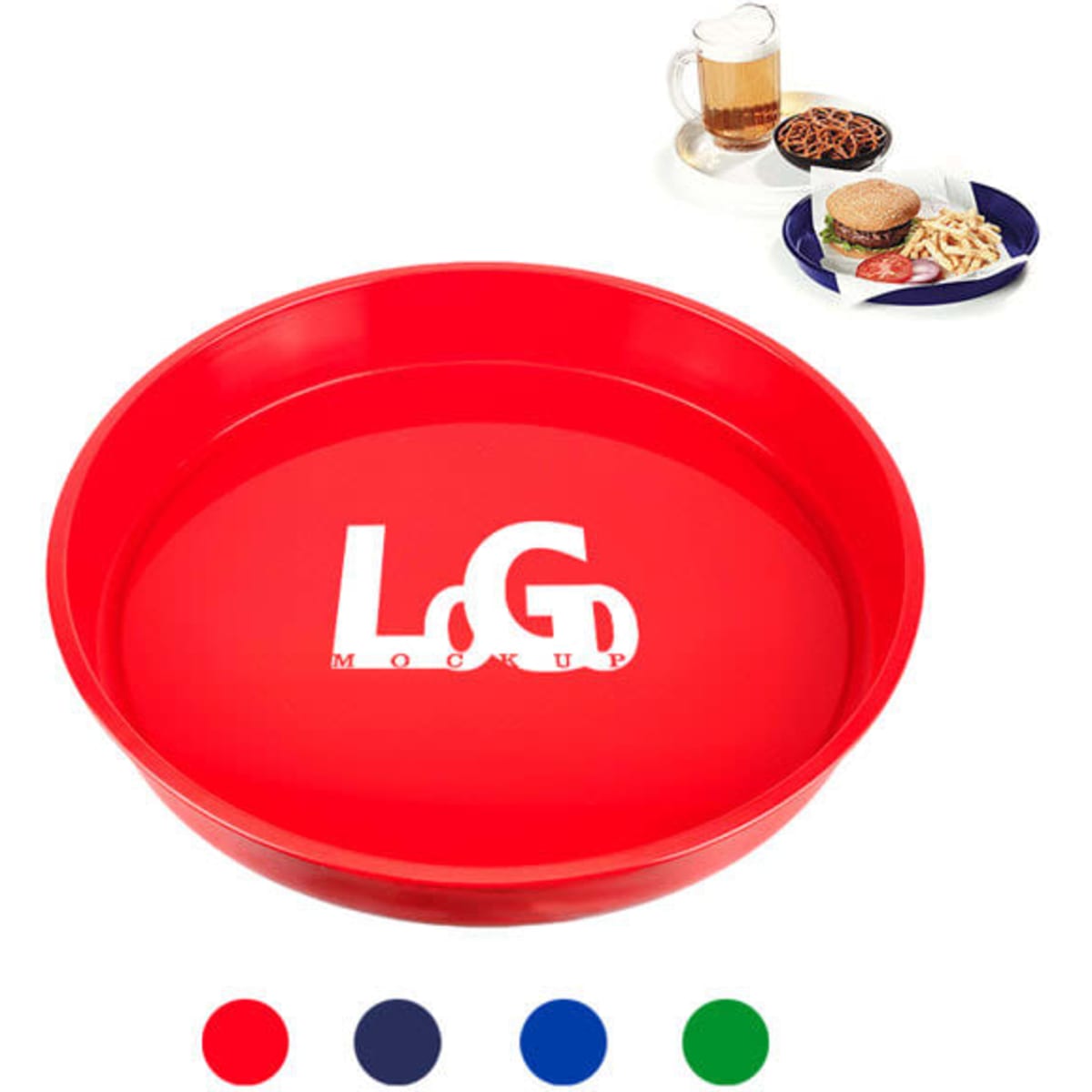 A red round plastic serving tray with a logo, accompanied by samples of food and drink.
