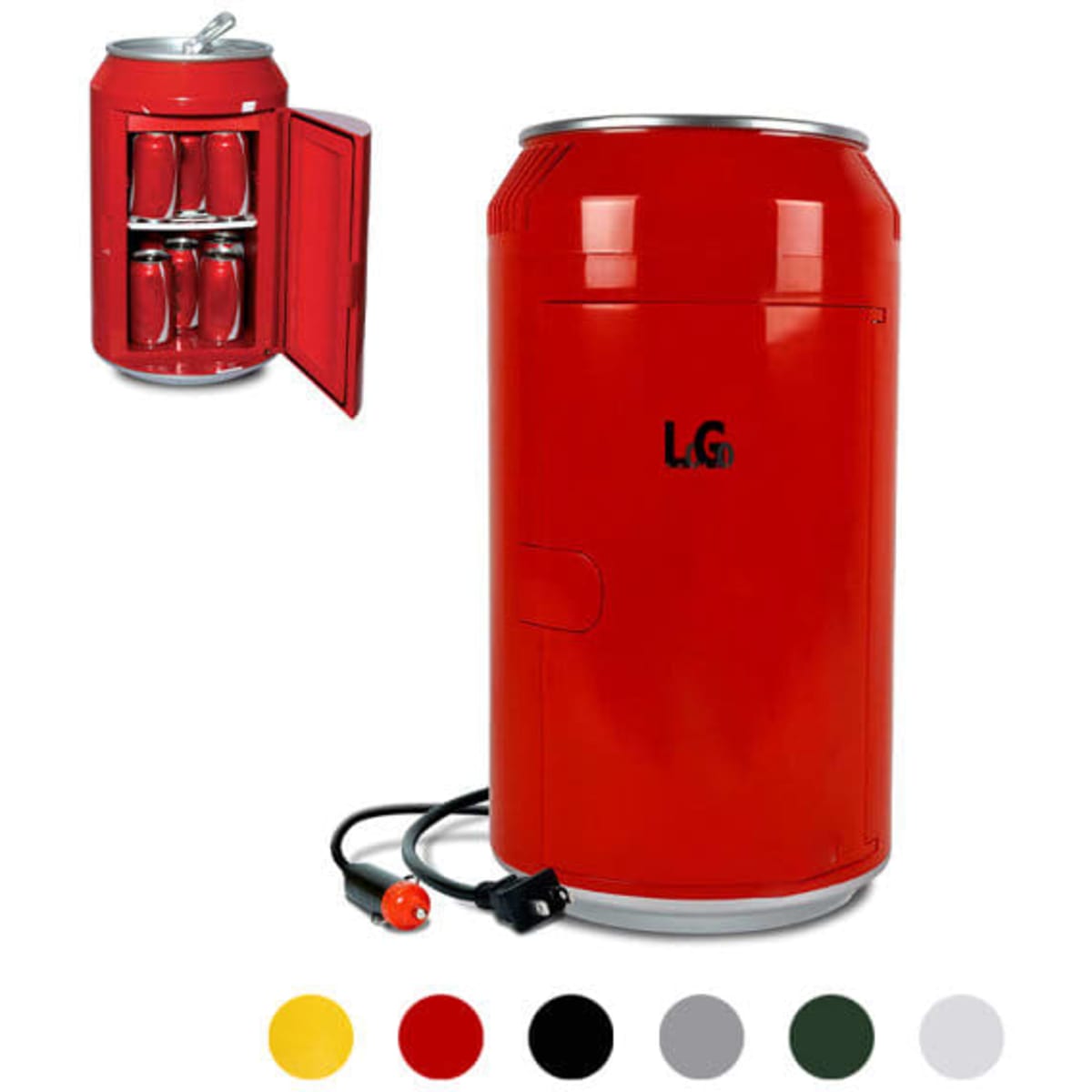A red can-shaped mini fridge with a rounded top, featuring a logo and a door that opens to reveal space for drinks.