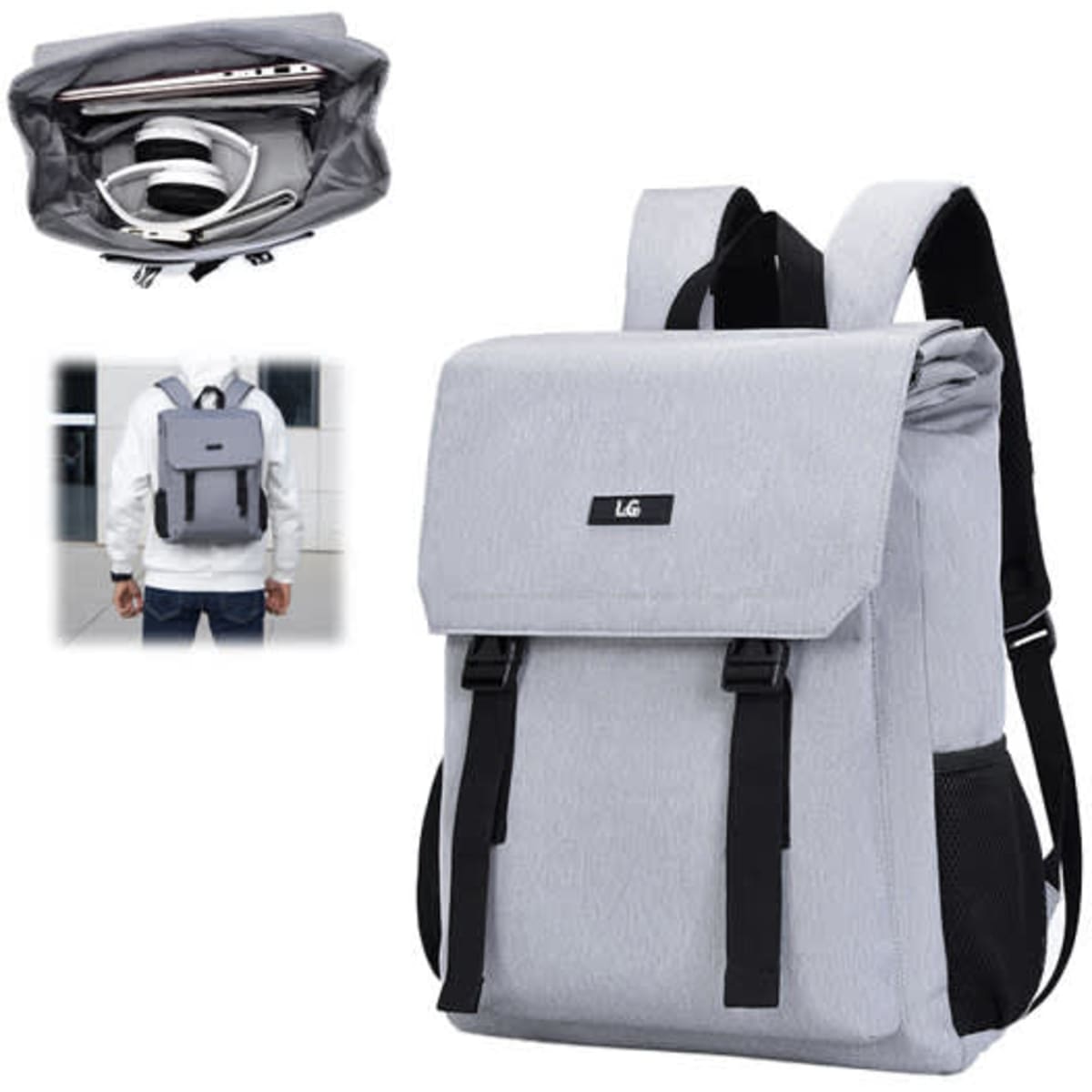 A grey Flap Laptop Backpack with multiple compartments and a logo, featuring adjustable straps and a stylish design.