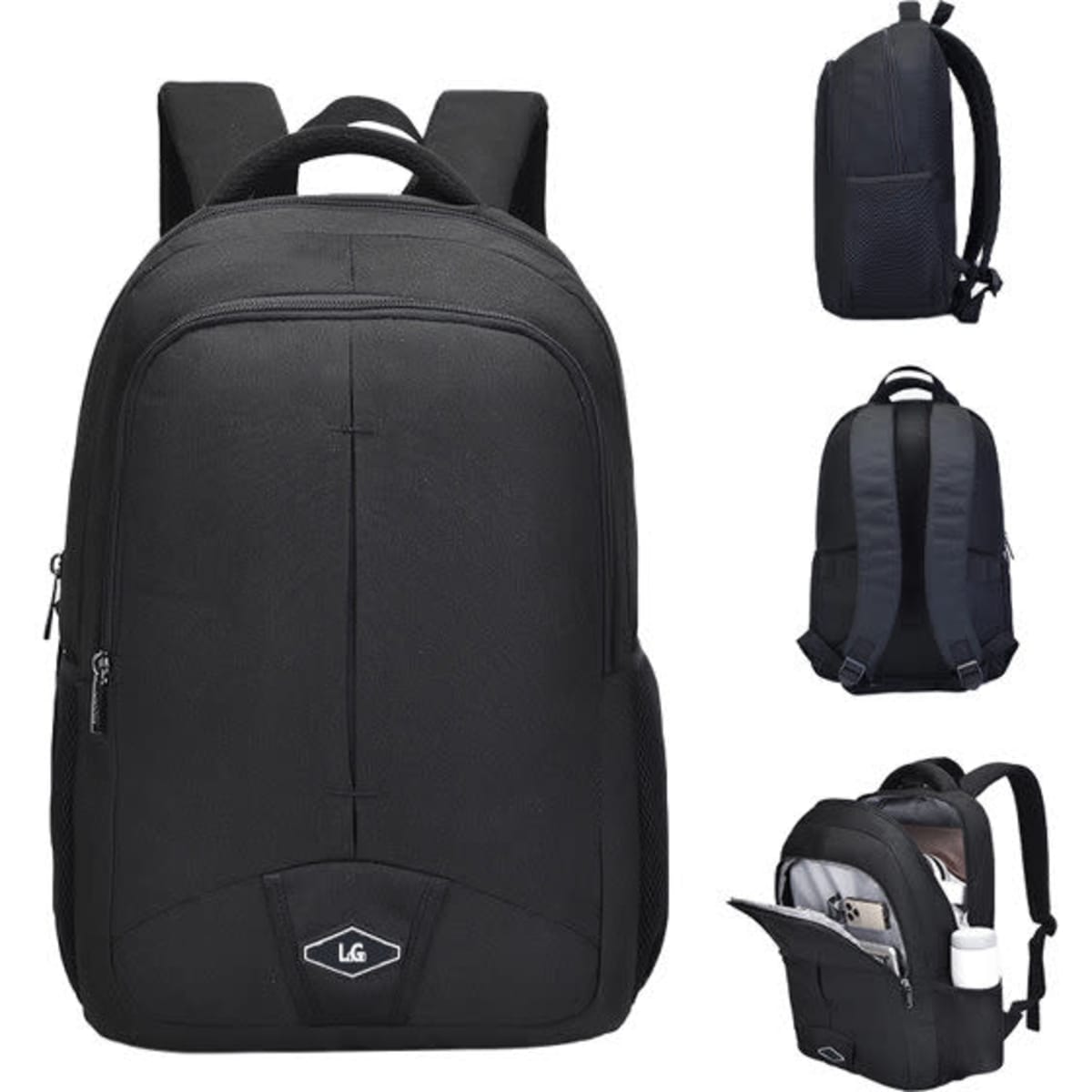 A black waterproof backpack with adjustable straps, multiple compartments, and a logo on the front.