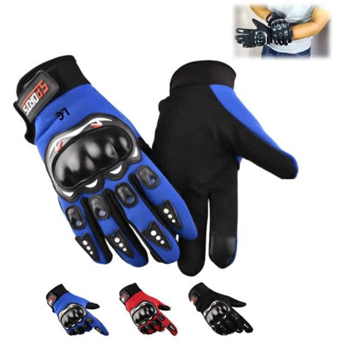 A pair of outdoor motorcycle gloves in blue and black, featuring protective knuckles and a logo.