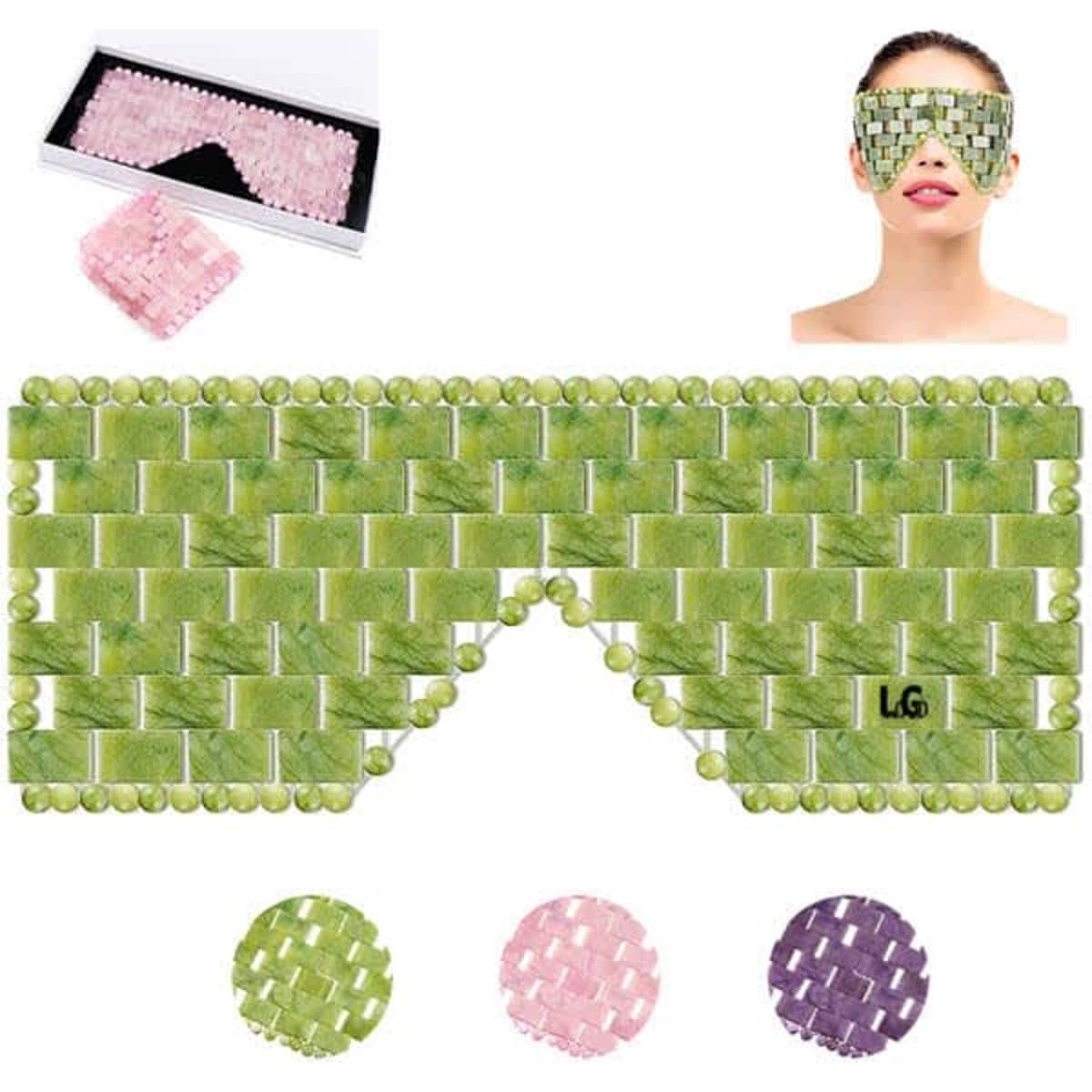 A jade eye mask in green, with small textured embellishments, displayed alongside a pink version and a model wearing the mask.
