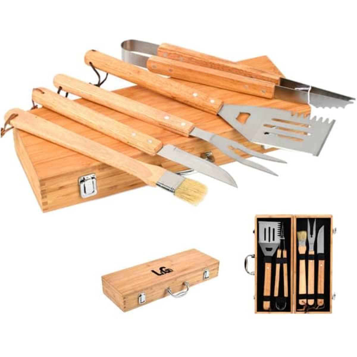 A bamboo BBQ tool set featuring five tools including a spatula, tongs, and a basting brush in a wooden case.