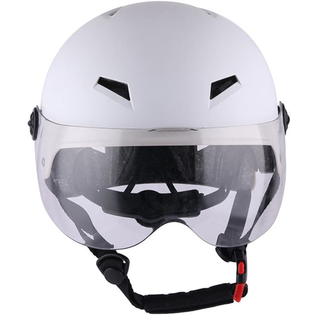 A white electric vehicle helmet with a transparent visor and adjustable chin strap. It features ventilation openings.