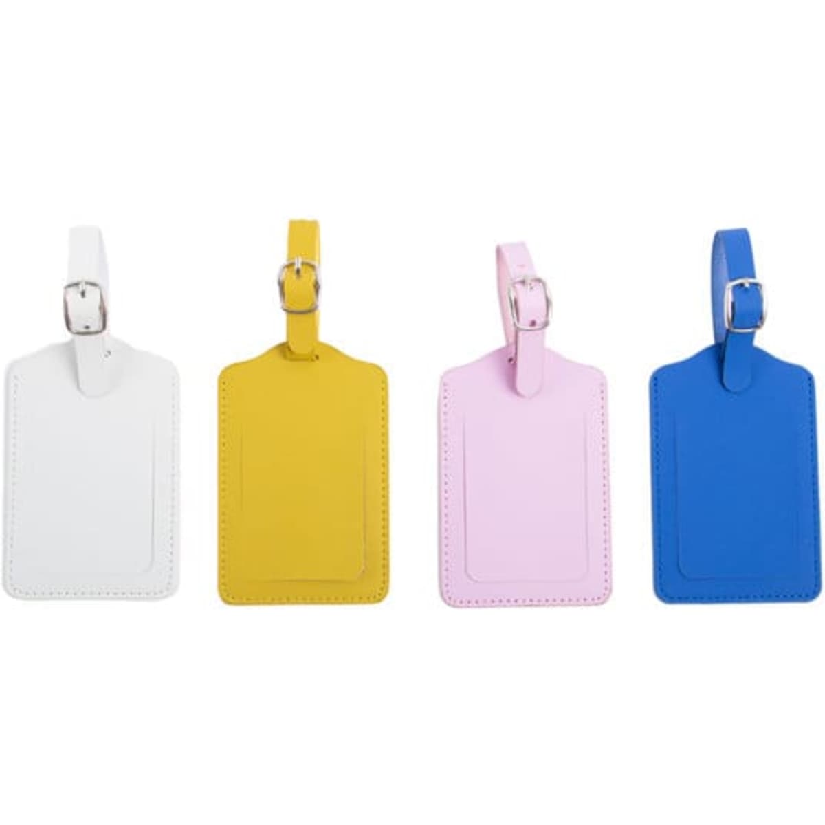 Custom PU luggage tags in white, yellow, pink, and blue, featuring a strap and a decorative stitching detail.