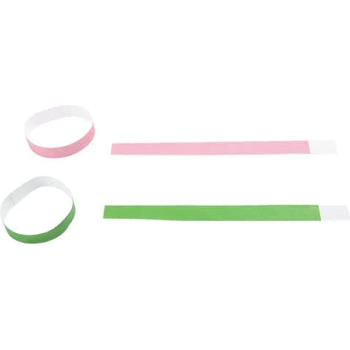 Three disposable paper wristbands in pink and green and featuring a logo.