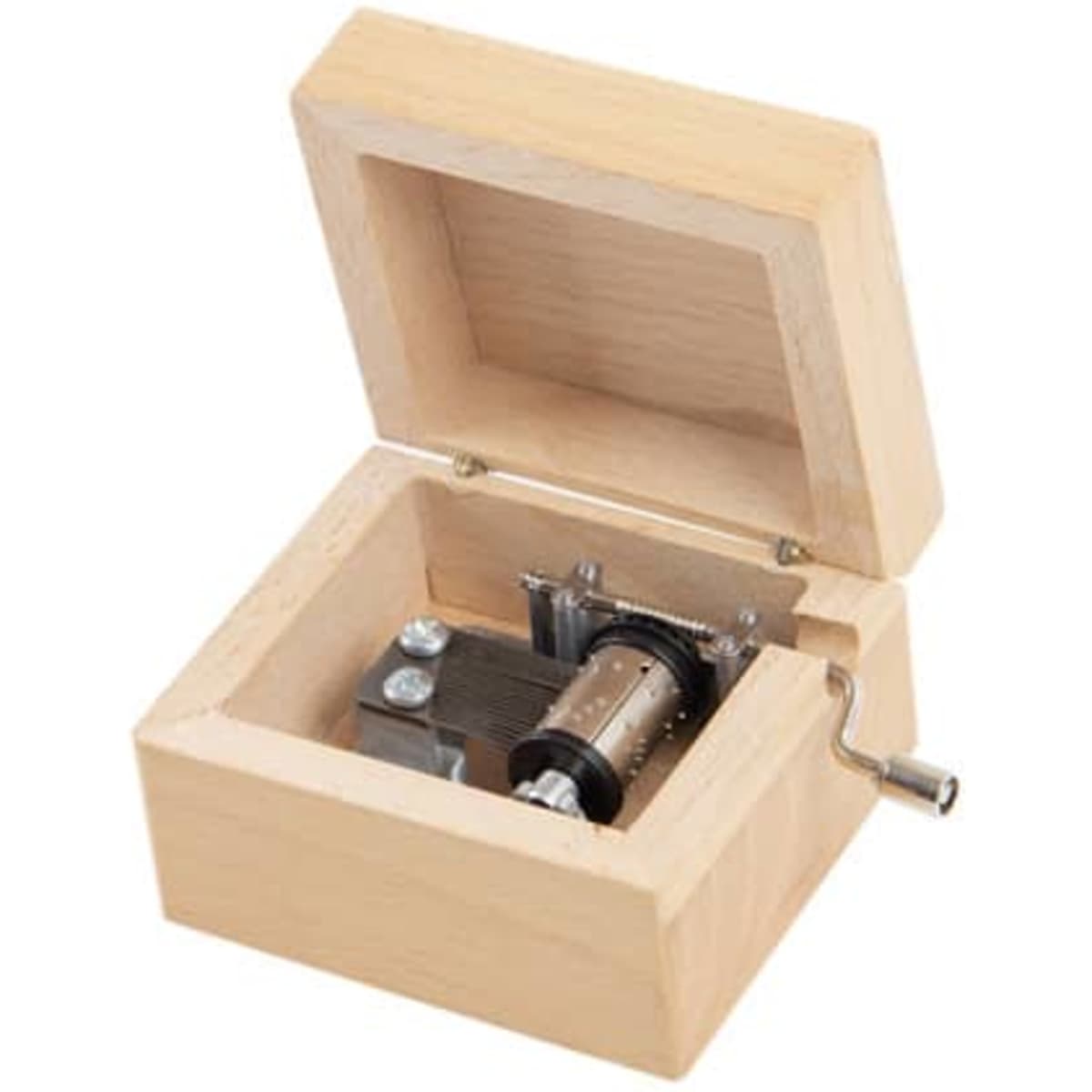 A wooden hand crank music box with an open lid, featuring a metal music mechanism inside.