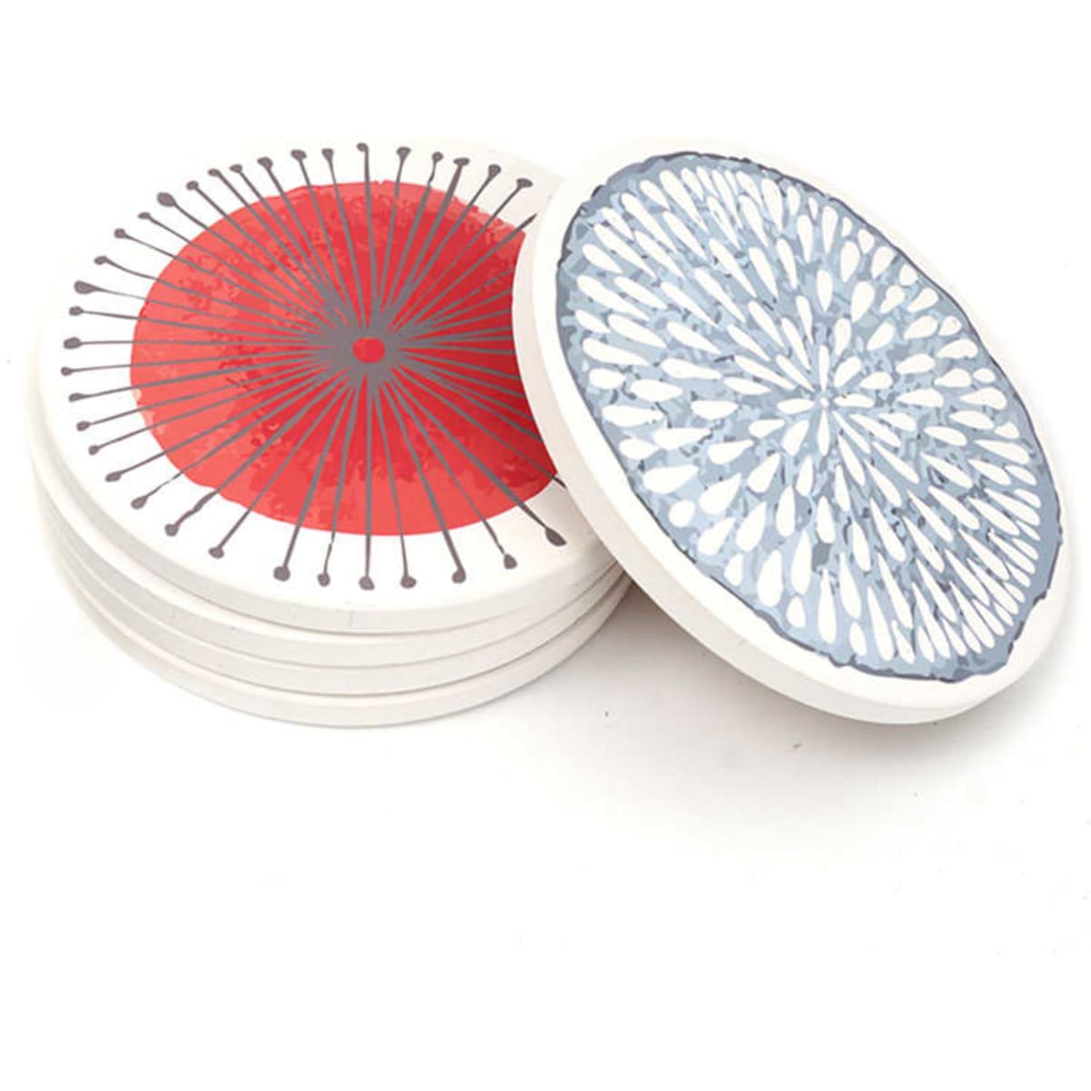 Absorbent ceramic coasters with cork bases, featuring circular designs in red and blue patterns. Each coaster has a logo.