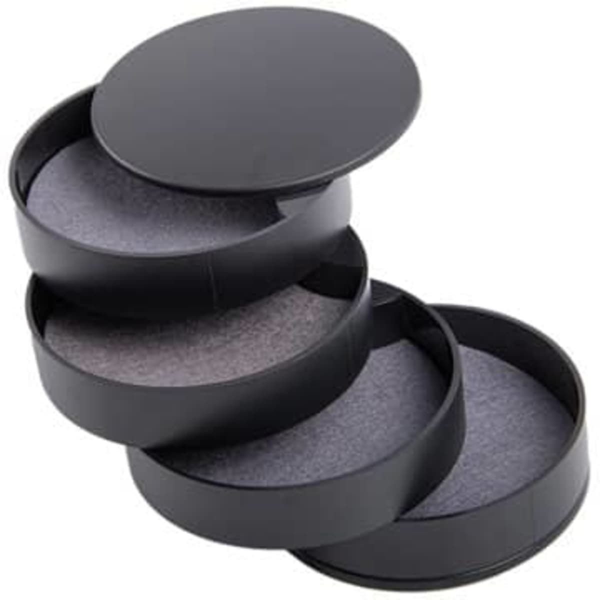 A rotating jewelry storage box in black with multiple tiers and soft interior lining. Includes a circular lid on top.