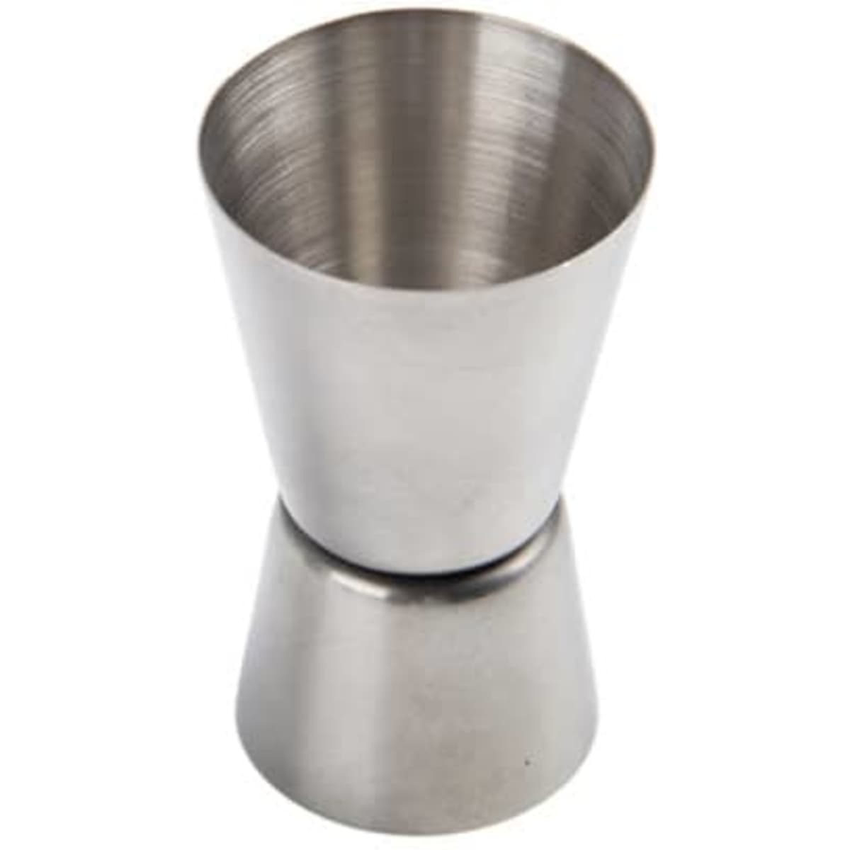 A stainless steel double head measuring cup featuring a tapered design and a polished finish.