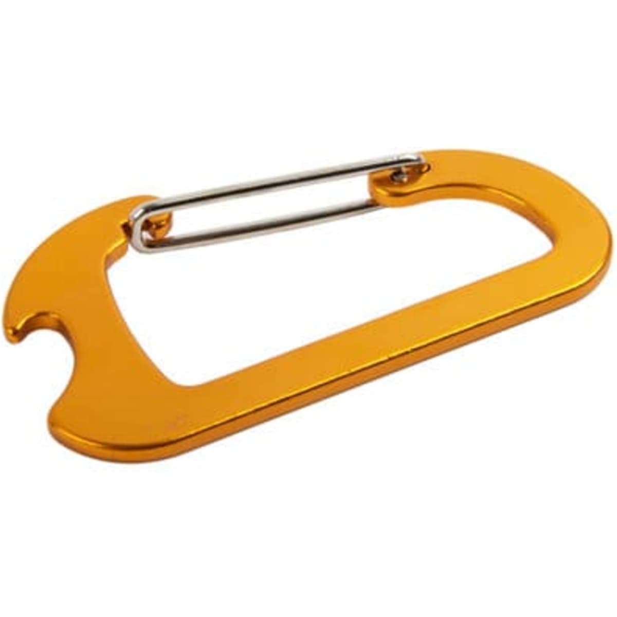 A drink bottle opener in bright orange with a carabiner feature and metallic clasp. It includes a logo.