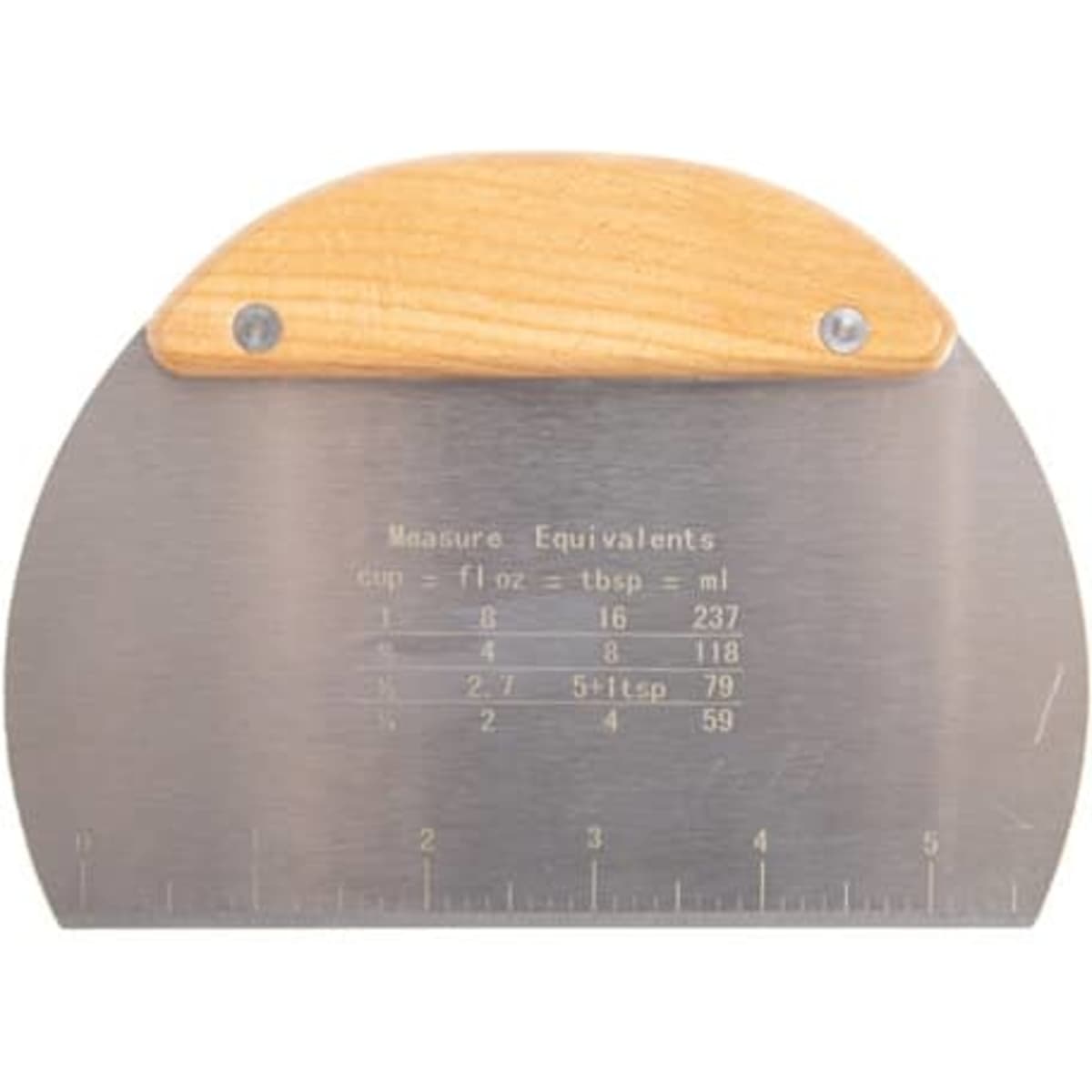 A stainless steel dough scraper with a wooden handle and measuring scale engraved on the metal surface.