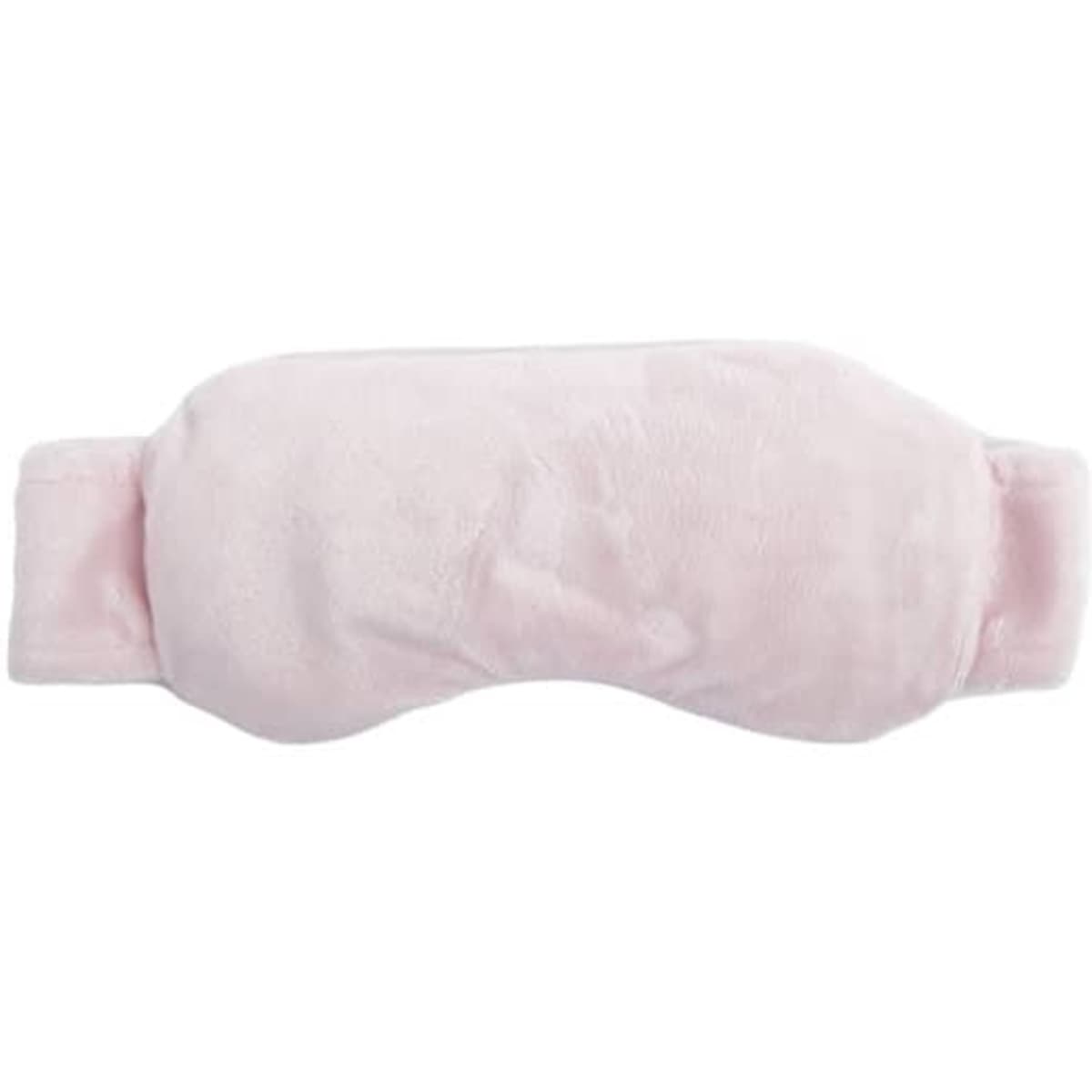 A pink flaxseed eye mask with a soft, plush texture and an adjustable strap. It features a logo.