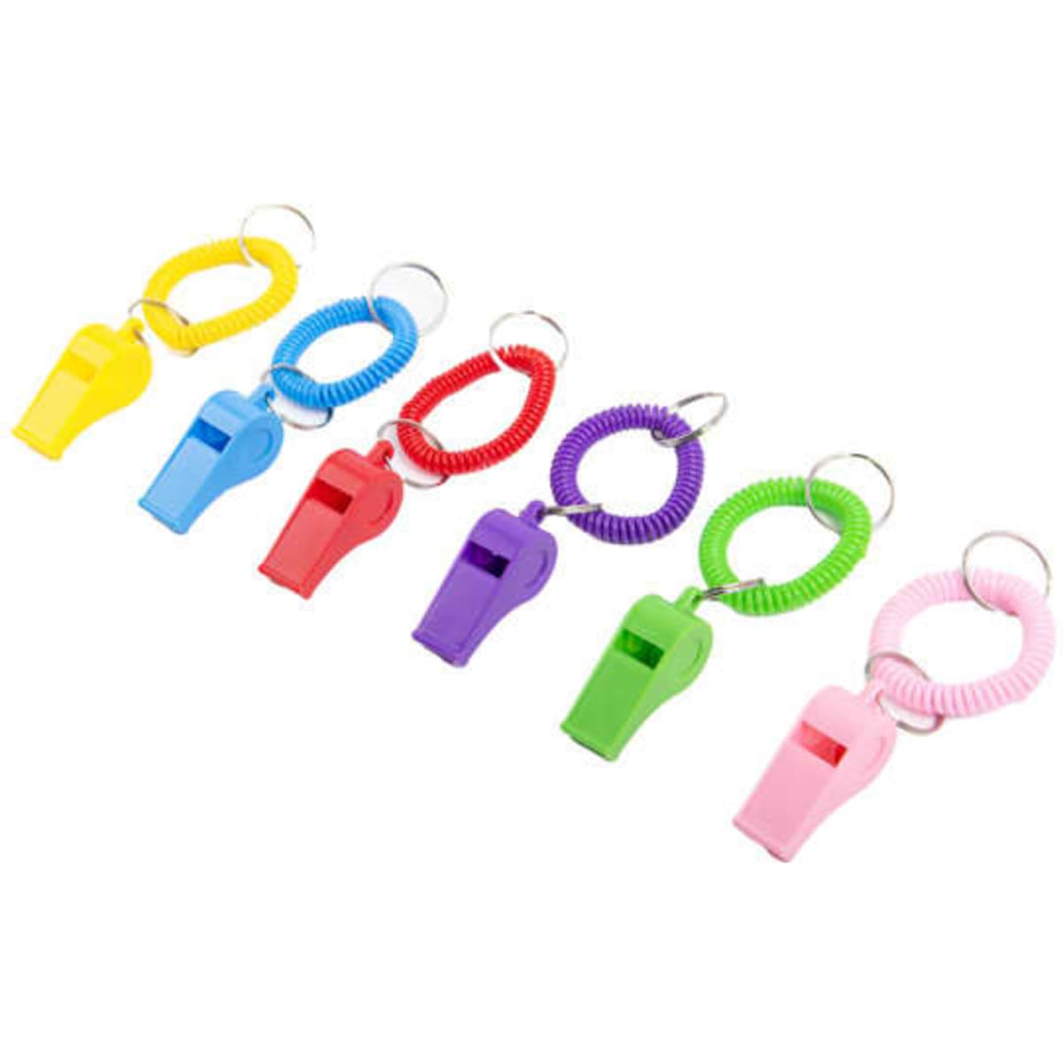 A collection of coloured plastic whistle bracelet keychains in yellow, blue, purple, green, and pink. Each has a keyring.
