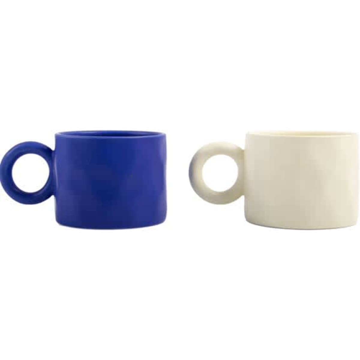 A ceramic coffee mug set featuring a blue mug and a white mug, both with a distinctive round handle.
