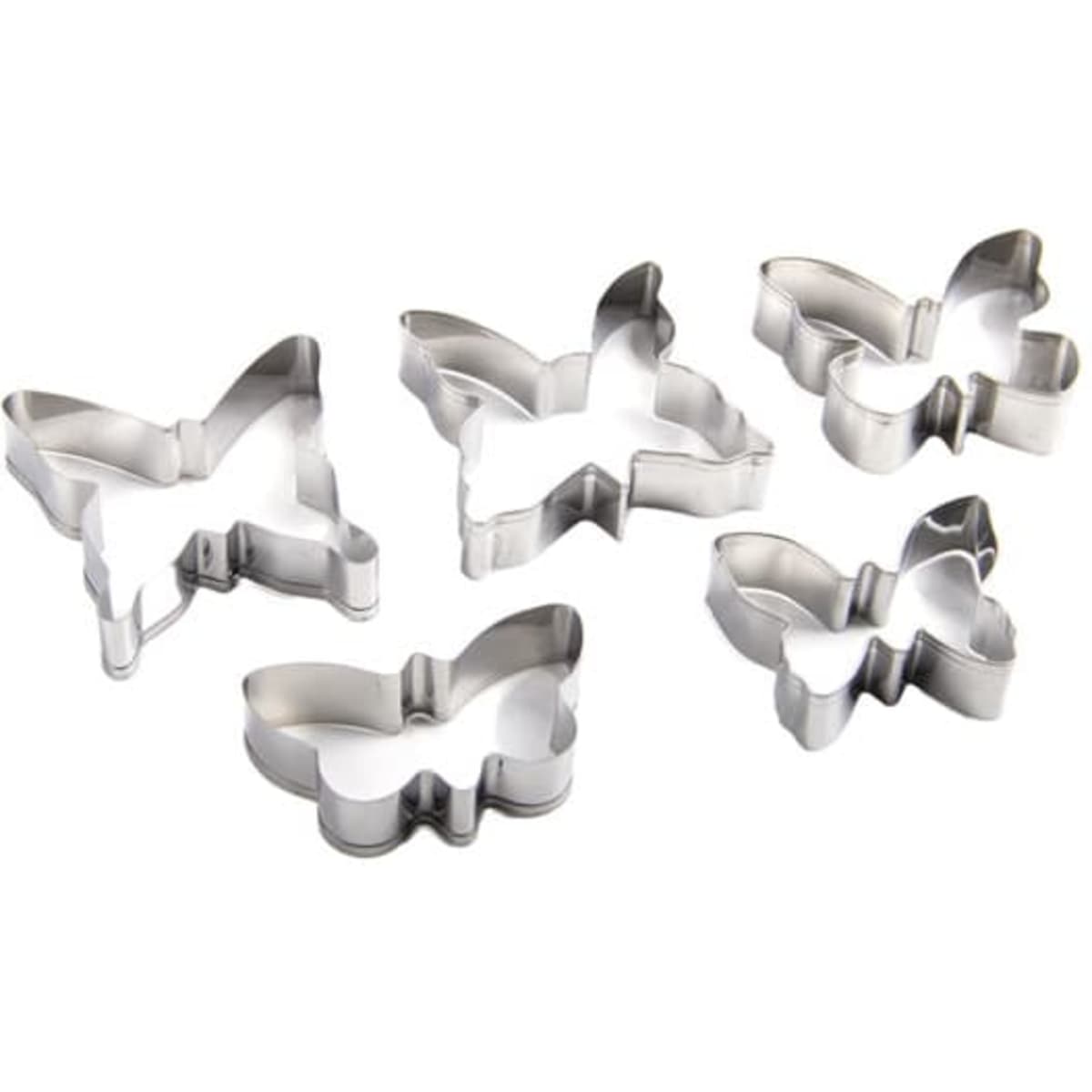 A set of five stainless steel butterfly cookie cutters in varying sizes, suitable for baking and crafting.