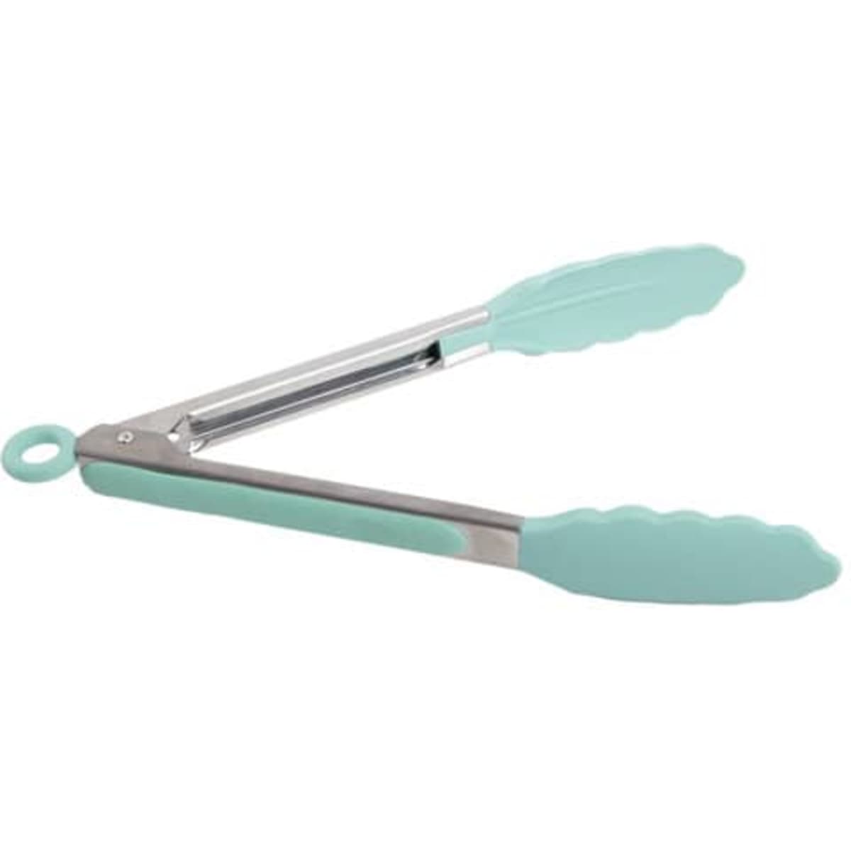 Food tongs with silicone clips in a mint green colour, featuring a stainless steel handle and a circular grip.