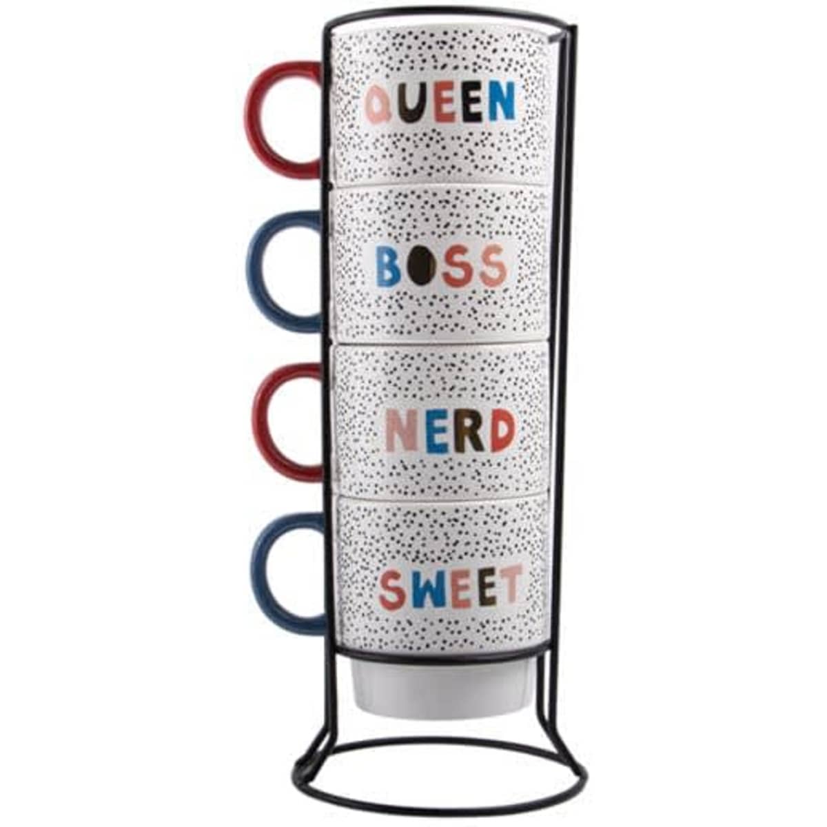 A ceramic stacking mug set featuring four white mugs with colourful text and a black stand for display.