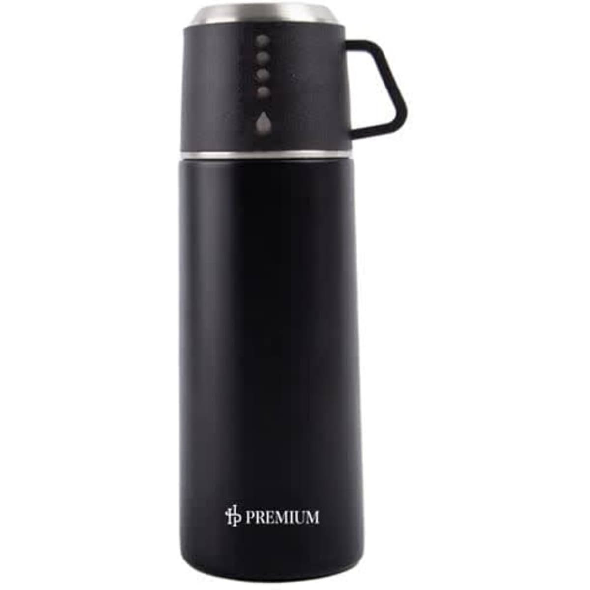 A drink bottle in matte black featuring a double wall design, a handle, and a lid with a branding logo.