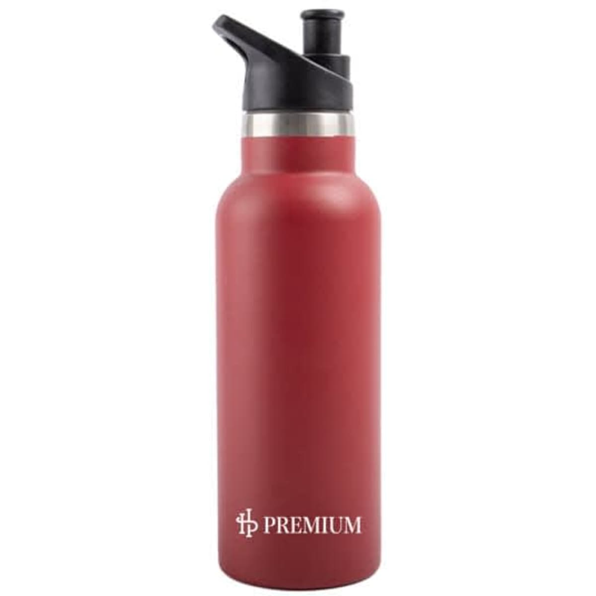 A drink bottle in vibrant red with a black straw lid and a silver accent, featuring a logo.