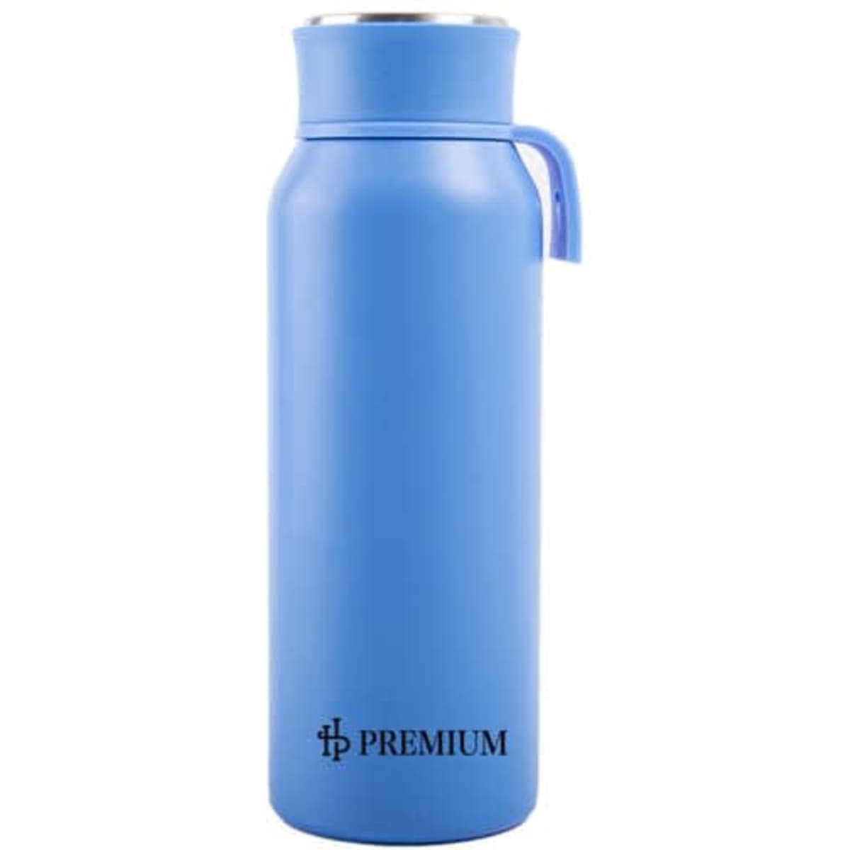 A drink bottle in blue with a stainless steel lid and a handle, featuring a logo. Double wall insulated design.