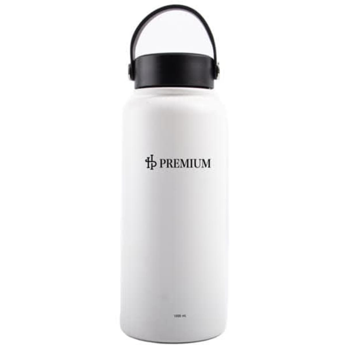 A drink bottle in white stainless steel with a black flex cap and a logo. Suitable for carrying beverages.