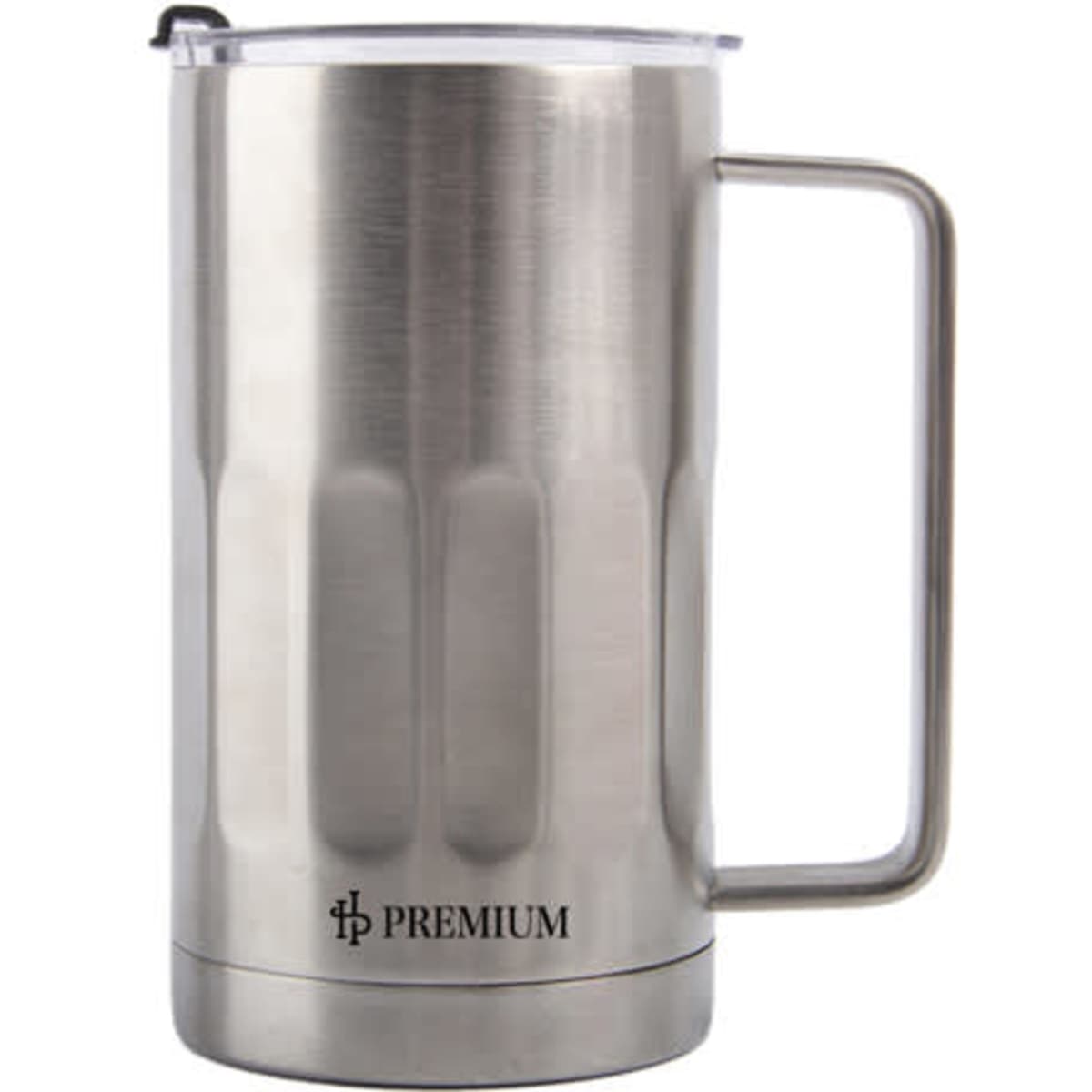 A drink bottle with a stainless steel finish, featuring a lid and a sturdy handle, and includes a logo.