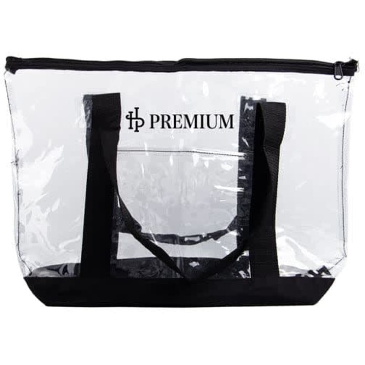 A large clear beach tote bag with black straps and a zipper, featuring a logo on the front.