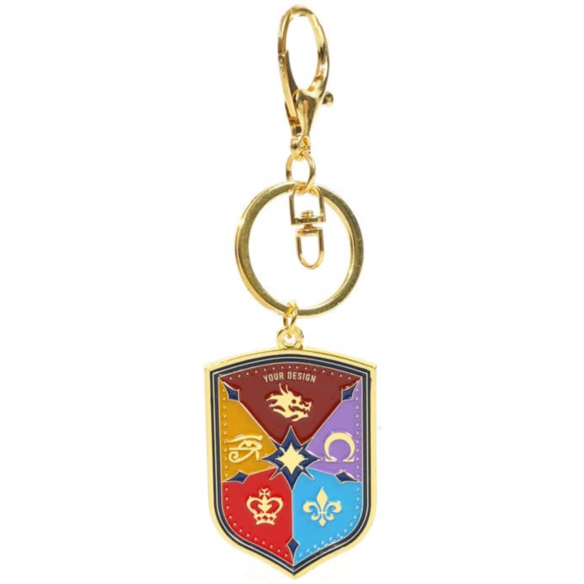 A gold metal keychain with a colourful shield design featuring various icons and a ring attachment.