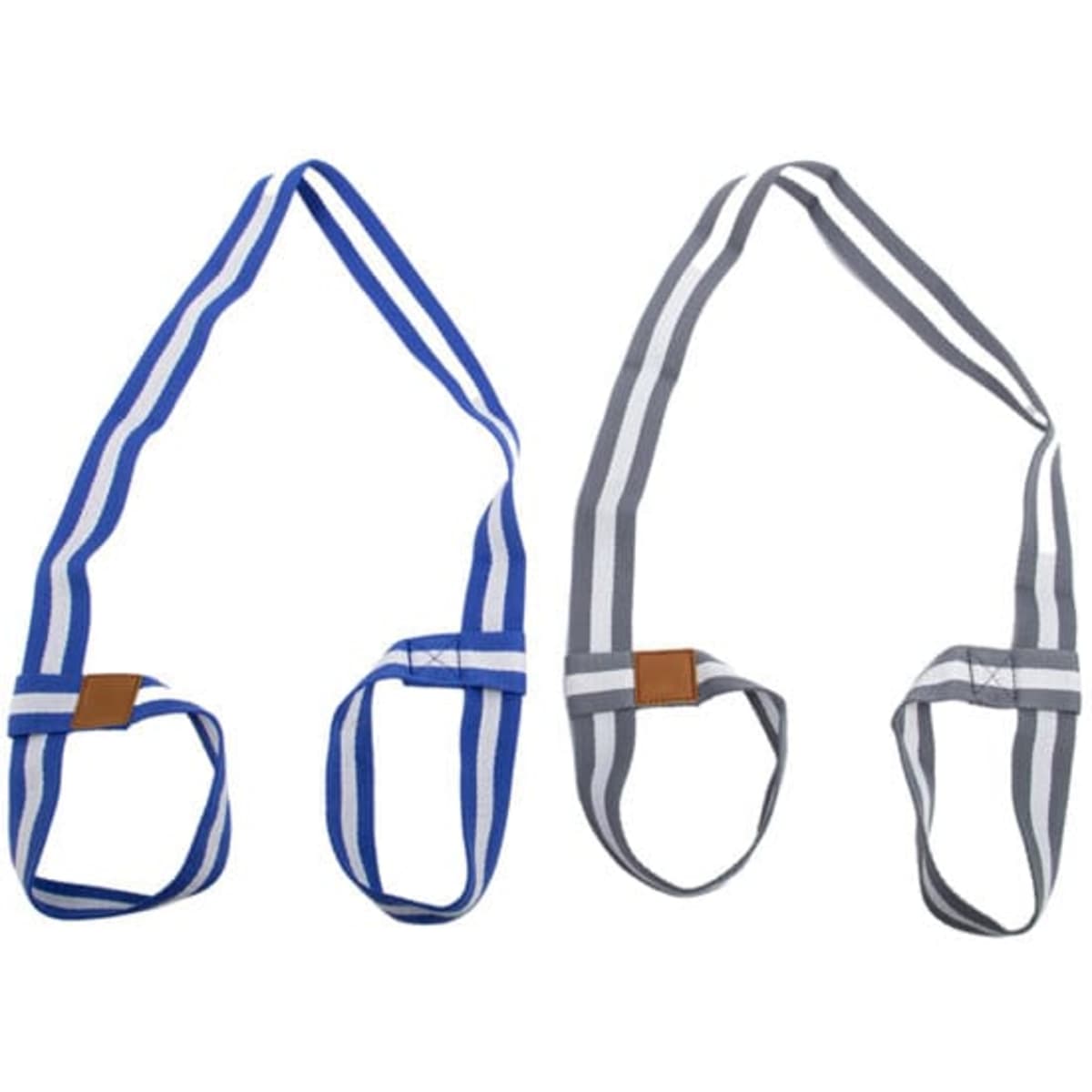 Adjustable yoga mat straps in blue and grey, featuring loops for easy carrying and a decorative leather detail.