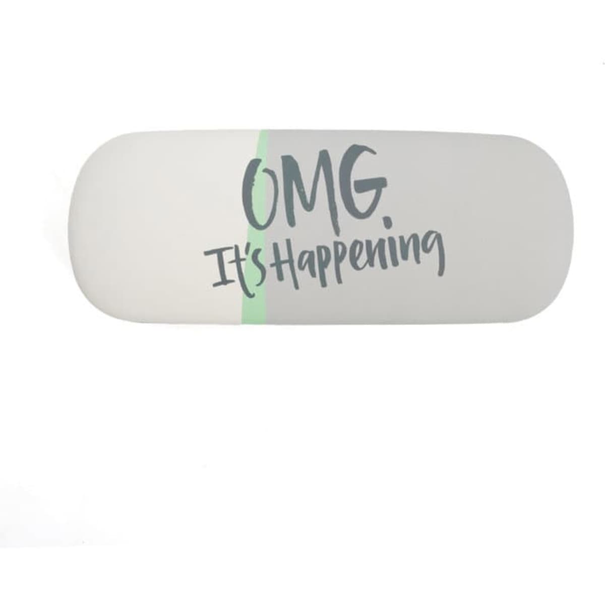 A hard shell sunglasses case in white with a green accent and a logo printed on the surface.