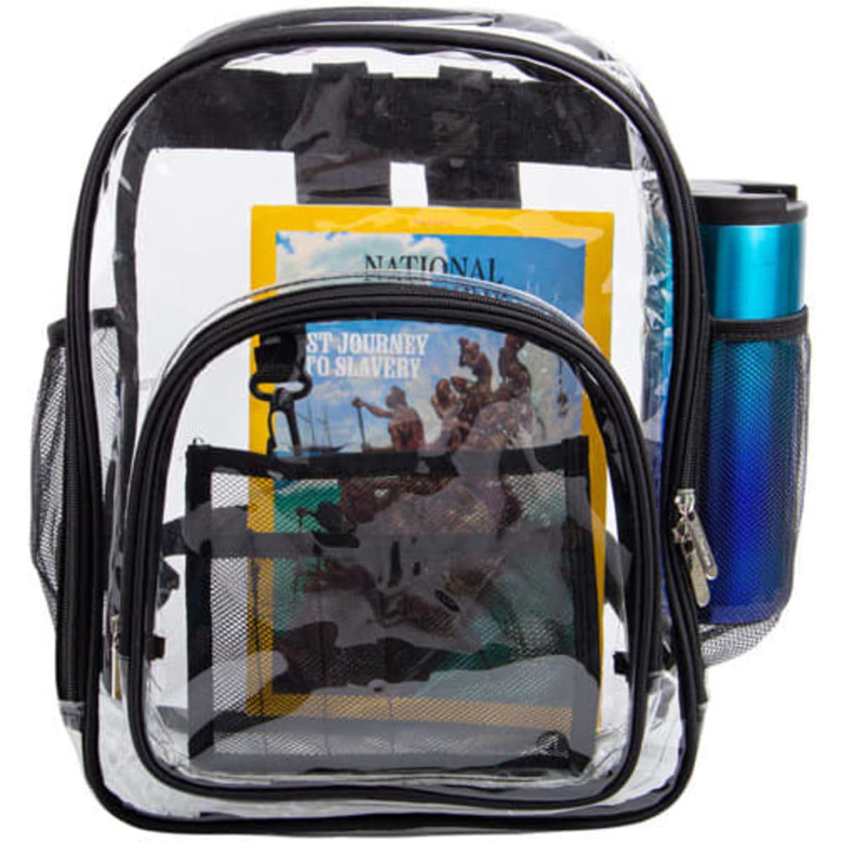 A transparent backpack with black straps, featuring a drink bottle holder and magazines inside.