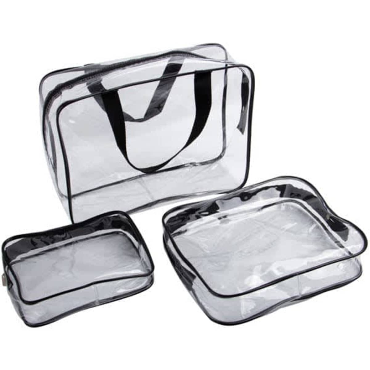 Three clear toiletry bags in varying sizes, featuring black trim and handles. One large and two smaller rectangular bags are included.