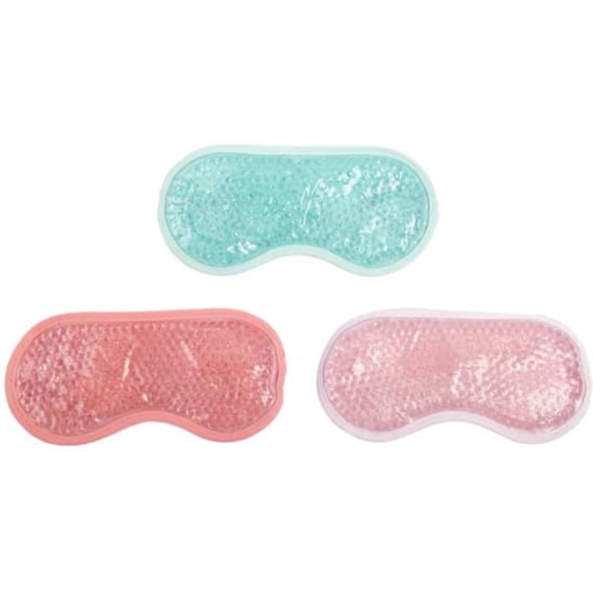 A set of three gel bead eye masks in mint green, pink, and light pink, each with a clear outer layer.