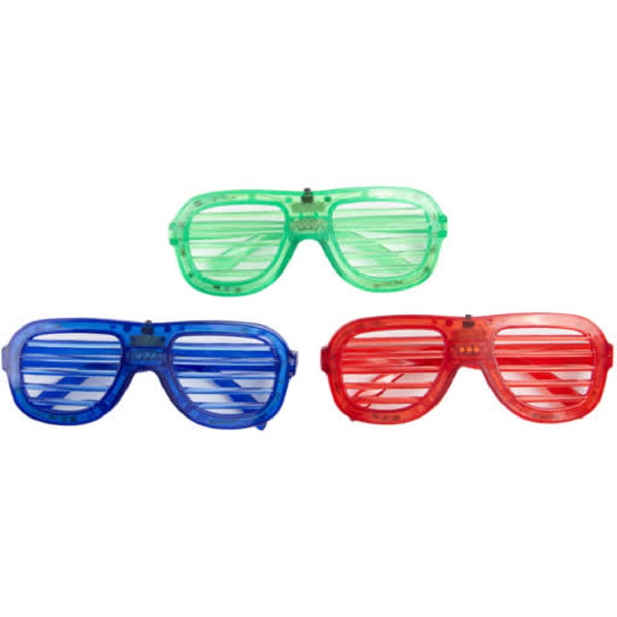 A set of LED plastic light-up glasses in green, blue, and red, featuring horizontal slats and a logo.