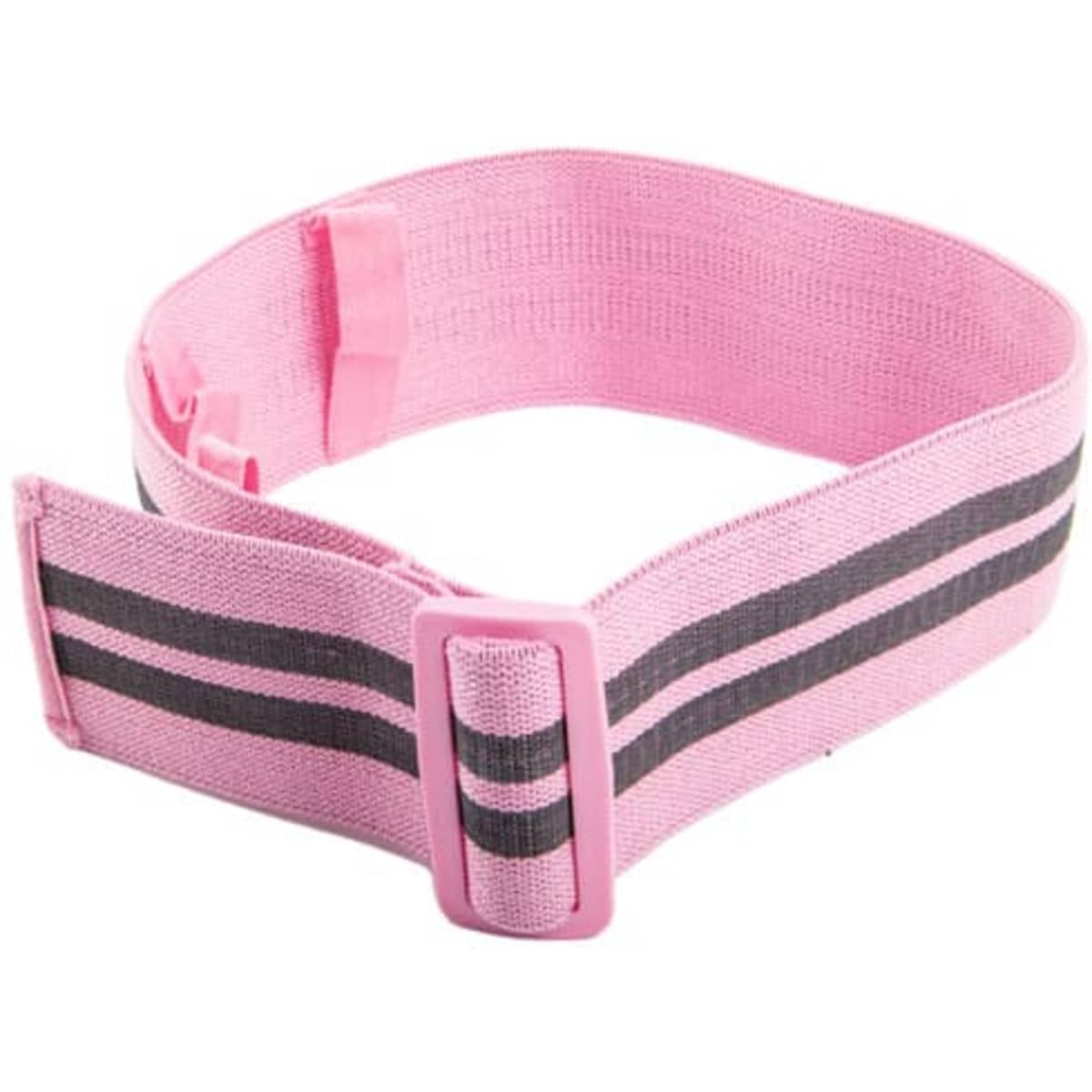 A pink polyester cotton resistance band with black stripes and a buckle. It has a logo on it.