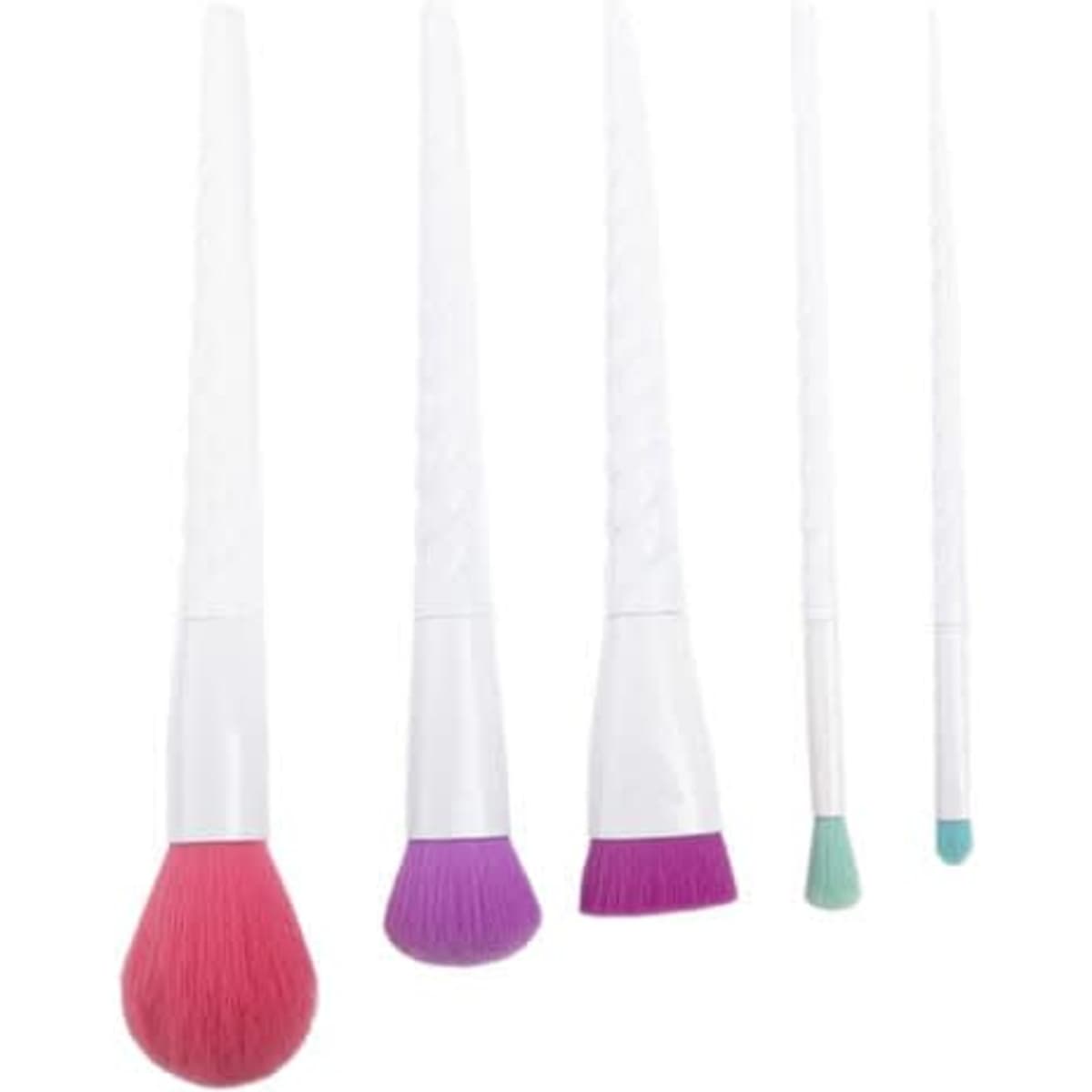A 5-piece makeup brush set featuring pink, purple, and teal brush heads with white handles.