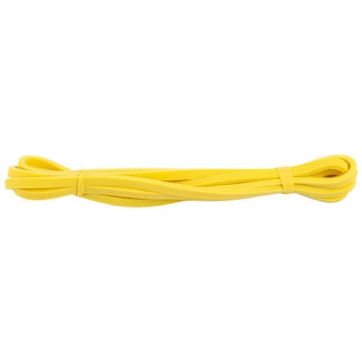 A yellow latex pull-up resistance band, neatly coiled and tied, designed for fitness and outdoor activities.