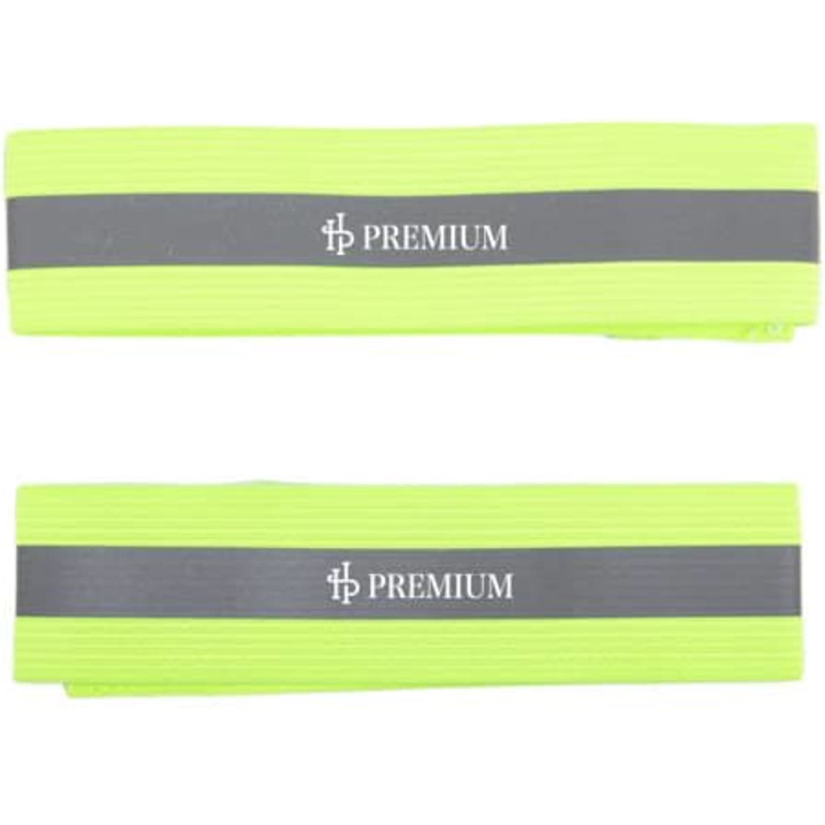 A pair of adjustable reflective elastic armbands in bright yellow with grey stripes and a logo.