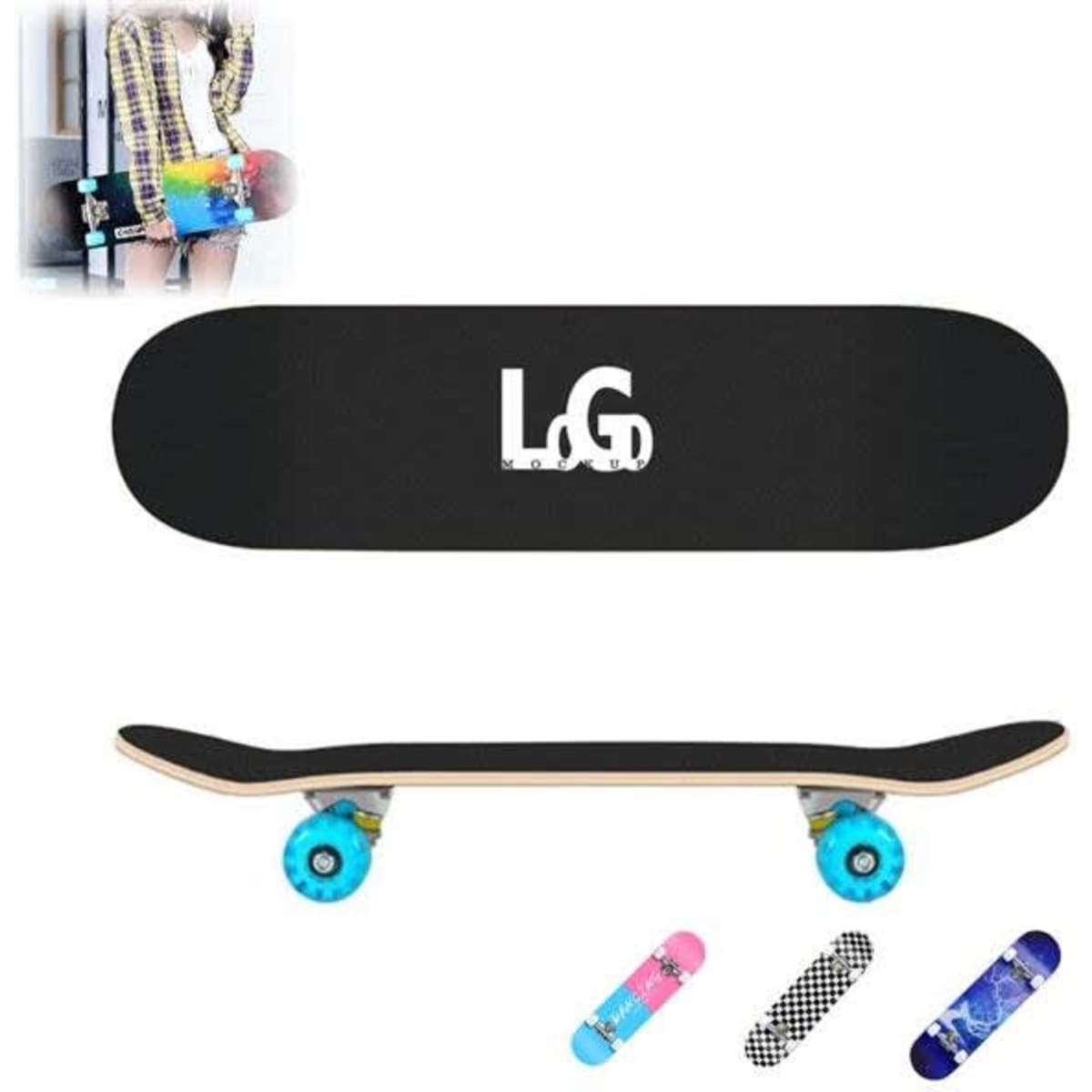 A customised maple skateboard with a black deck and colourful wheels, featuring a logo on the top.