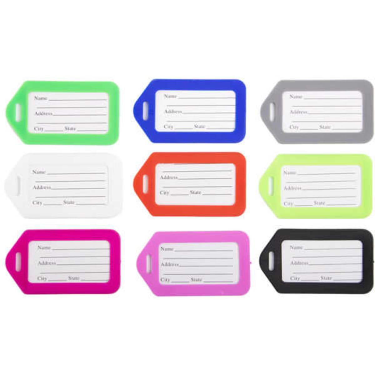A set of customised PVC luggage tags in various colours, including green, blue, white, red, pink, grey, black, and purple.