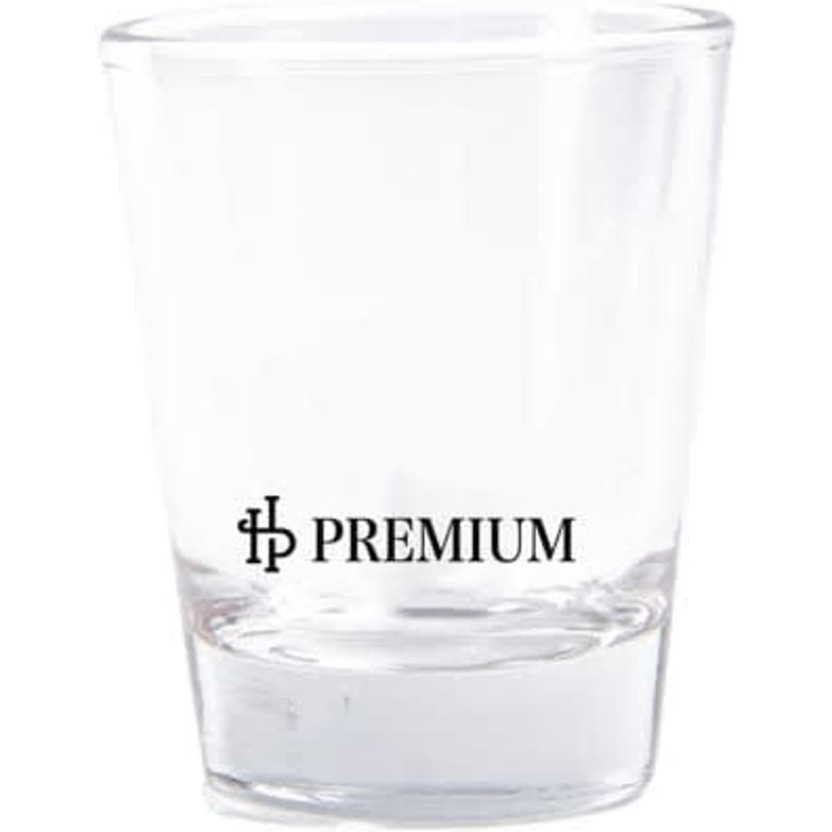 A clear glass shot glass with a black logo on the side, designed for promotional use.