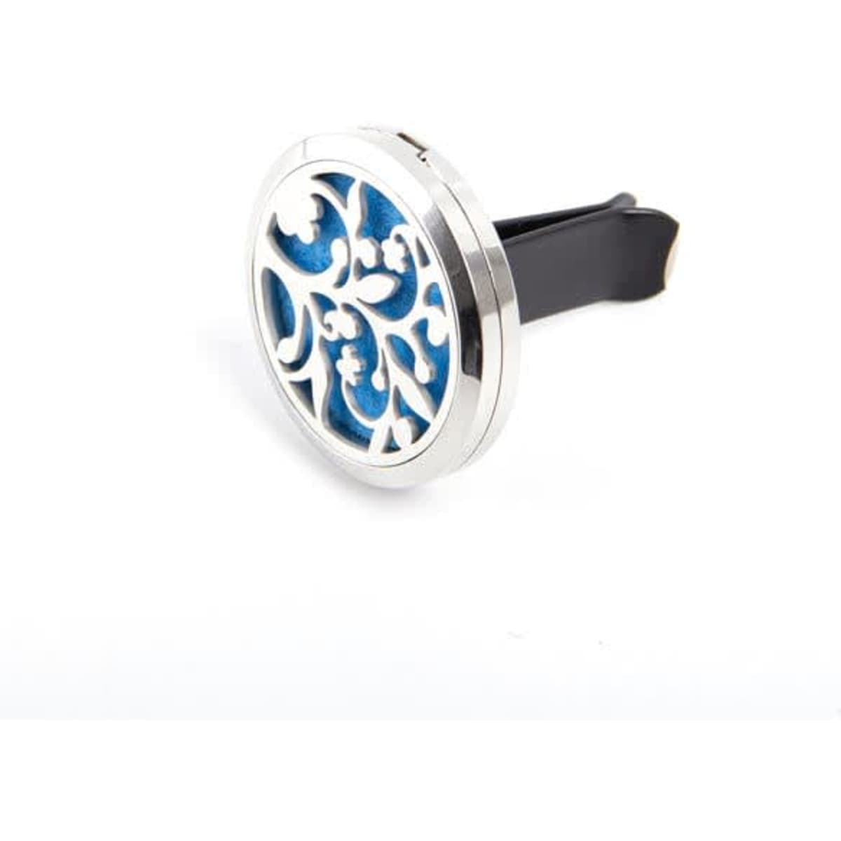 A circular car essential oil vent clip featuring intricate silver detailing and a blue background. It has a black clip attachment.