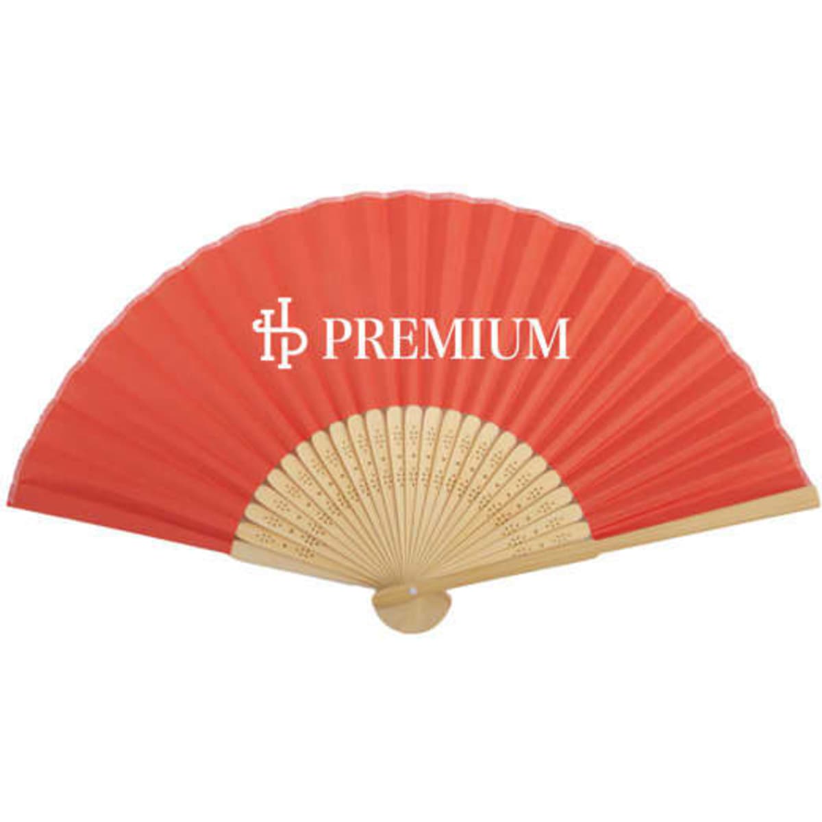 A red folding hand fan with a wooden base and a logo on one panel.