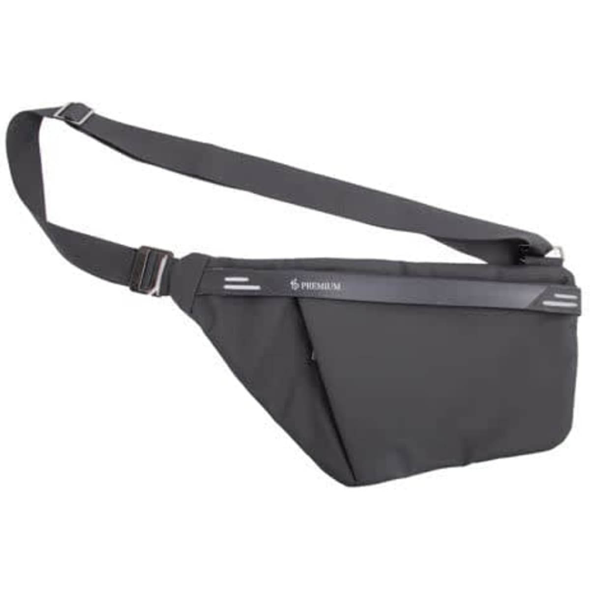 A grey polyester crossbody sling bag with adjustable strap and branding.